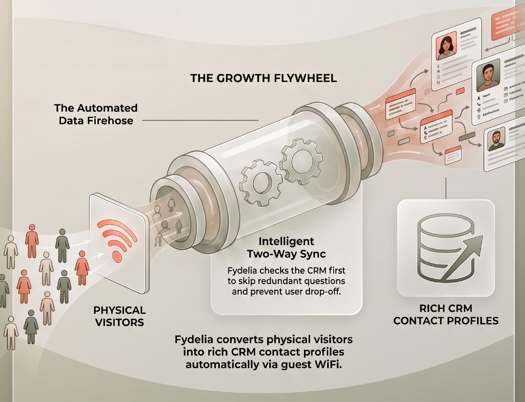 Illustration of the growth flywheel: physical visitors flow through guest WiFi and automated sync into rich CRM contact profiles